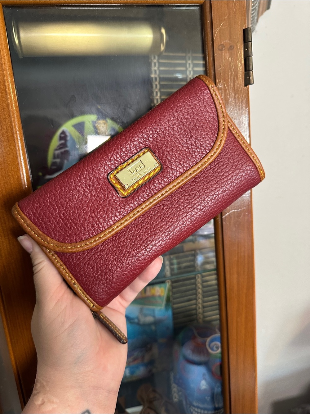 Pebbled Leather Continental Wallet in Burgundy with Tan Trim